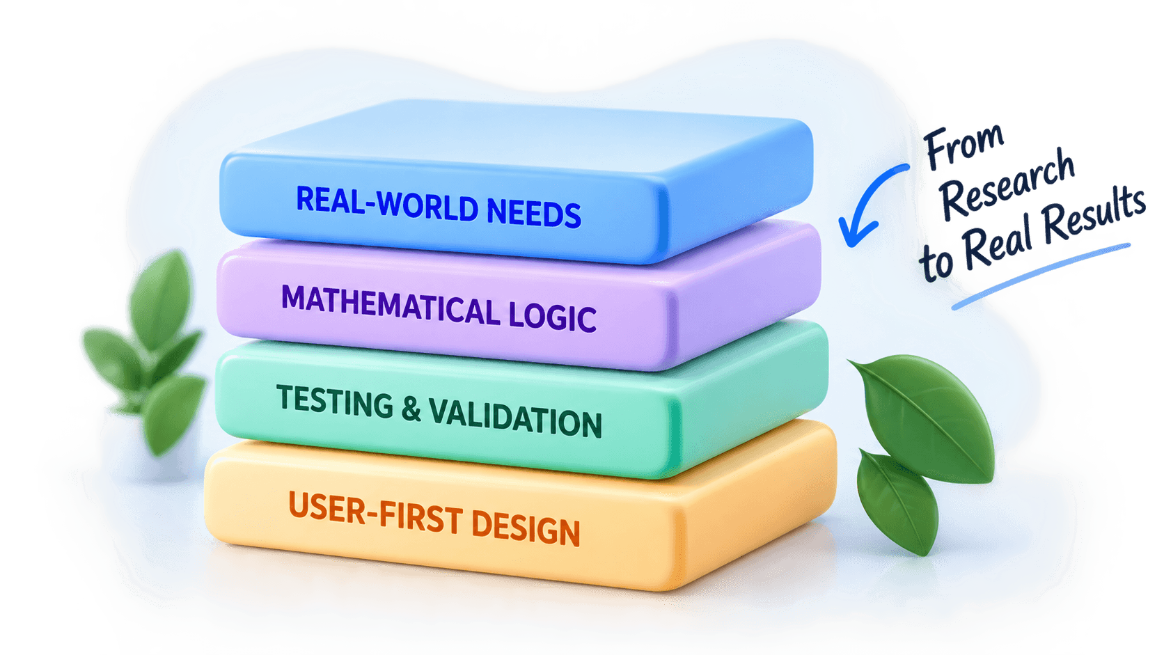 Stacked books illustrating real-world needs, mathematical logic, testing, and user-first design.