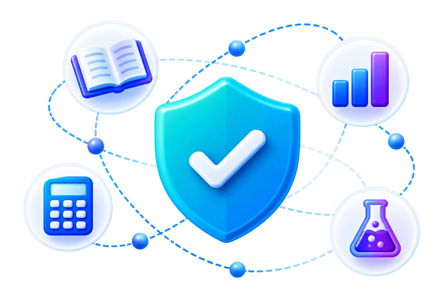 Protection shield with verified checkmark and connected calculation nodes.