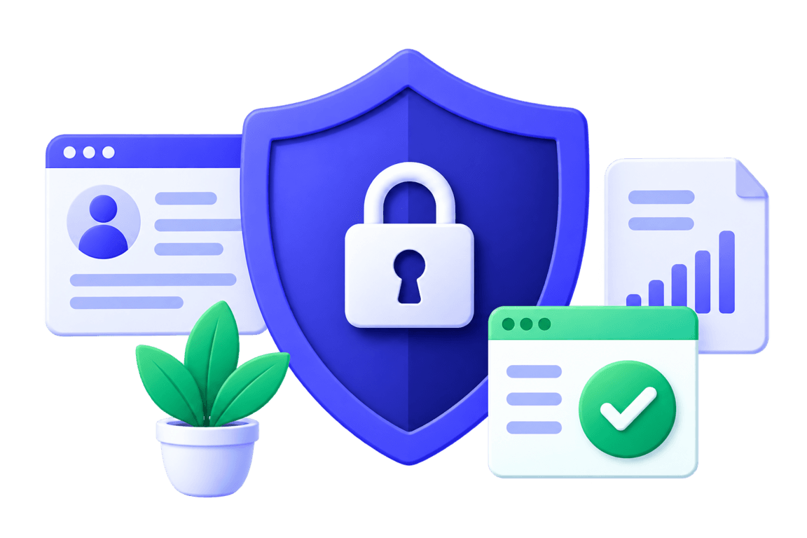 A padlocked shield guarding profile, report, and confirmation windows.