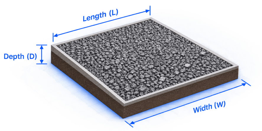 A gravel slab labelled with its length, width and depth measurements.