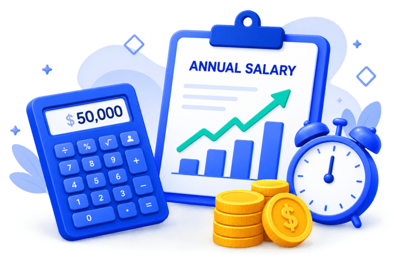A calculator showing $50,000 beside an annual salary report, an alarm clock and coins.