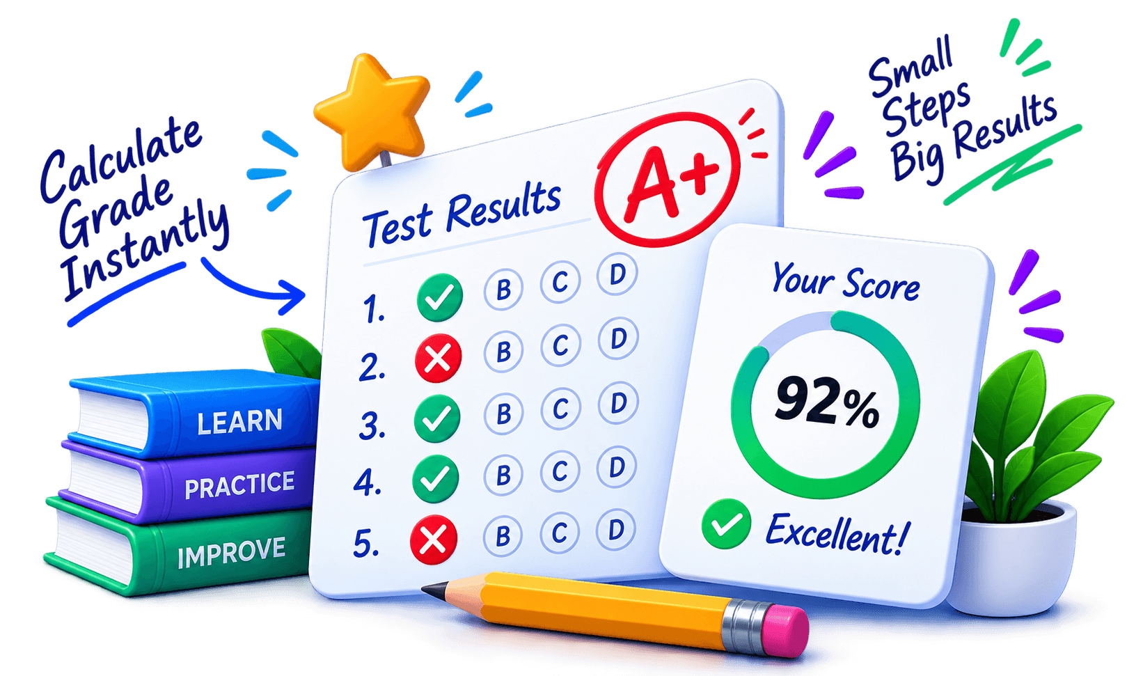 Easy Grader test score calculation showing test results sheet, A+ badge, score meter, and learning books